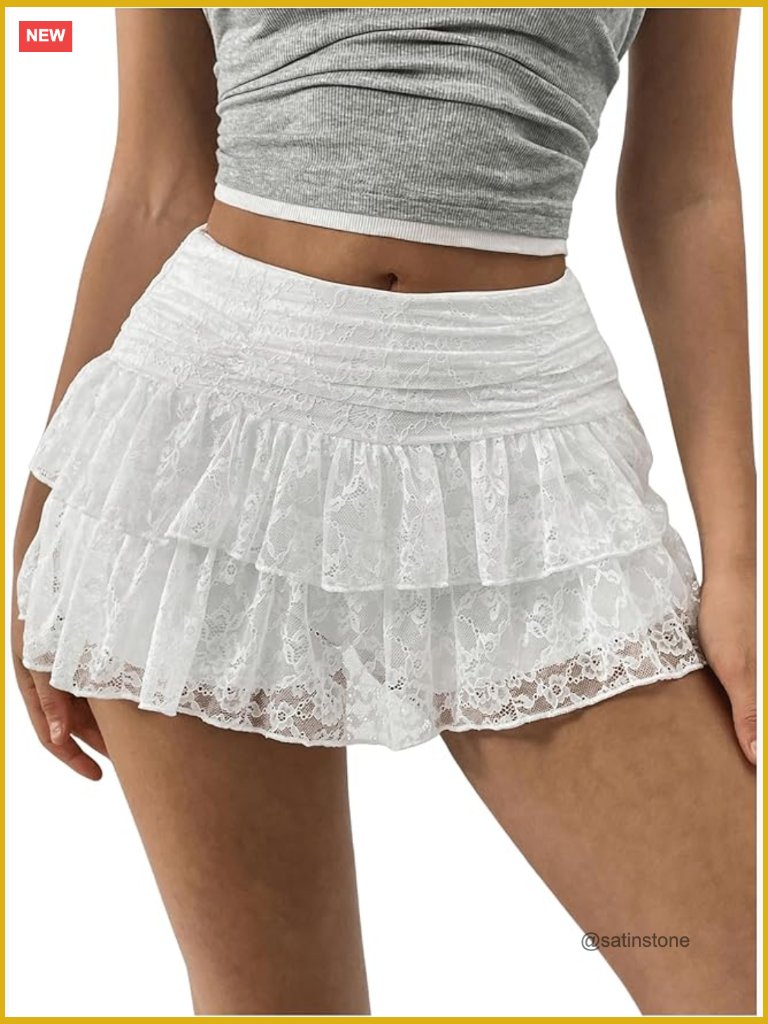 Lace Mini Skirt With Built-In Shorts, Polyamide Blend, Ruffle Tiered Skort